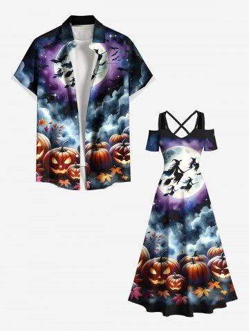 Halloween Moon Pumpkin Maple Leaf Bat Cloud Print Plus Size Matching Outfit For Couples