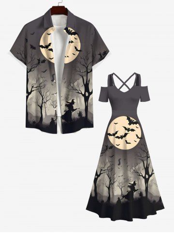 Halloween Costume Bat Moon Tree Wazird Print Plus Size Matching Outfit For Couples - GRAY