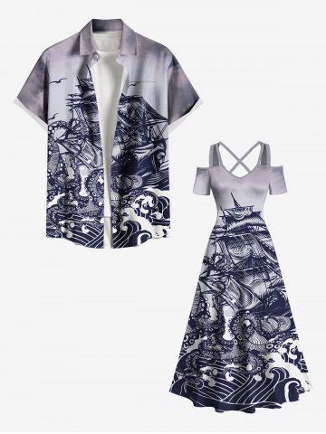 Octopus Sea Waves Sailboat Cruise Print Plus Size Matching Hawaii Beach Outfit For Couples - GRAY