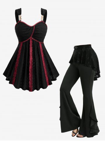 Jacquard Pointelle Hollow Out Contrast Piping Top and Skulls Fishnet Overlay Ruffles Skirted Flare Pants Plus Size Outfit - BLACK