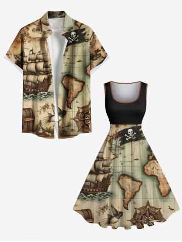 Distressed Skull Sailboat Map Steering Wheel Print Plus Size Matching Hawaii Beach Outfit For Couples - BLACK