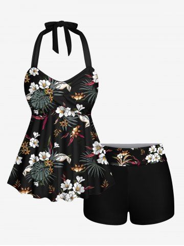 Tropical Leaf Hibiscus Flower Print Hawaii Twist Halter Backless Tankini Swimsuit - BLACK - 4X