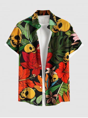 Plus Size Tropical Leaf Flower Skull Print Hawaii Button Pocket Shirt For Men - RED - XL