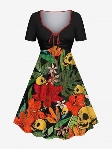Plus Size Tropical Leaf Flower Skull Print Hawaii Cinched A Line Dress - BLACK - L