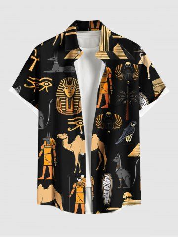 Plus Size Pharaoh Mummy Pyramid Camel Bird Print Button Pocket Shirt For Men - BLACK - 4X