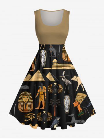 Plus Size Pharaoh Mummy Pyramid Camel Bird Print 1950s Vintage Swing A Line Dress - TAN - 2X