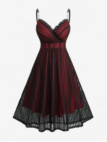 Robe débardeur trapèze à volants et dentelle superposée (bretelles réglables) - RED - L