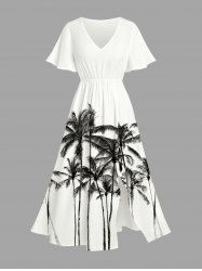 Plus Size Ink Painting Coconut Tree Print Pocket Hawaii Split Dress -  