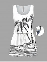 Plus Size Coconut Tree Seascape Print Cinched Hawaii Romper -  