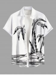 Plus Size Coconut Tree Seascape Print Buttons Pocket Hawaii Shirt For Men -  