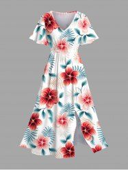 Plus Size Flowers Tropical Leaf Print Split Hawaii Midi Dress -  