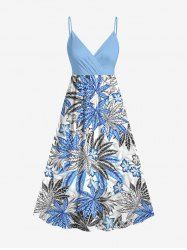 Robe camisole hawaïenne à imprimé feuilles tropicales et fleurs d'hibiscus grande taille - Bleu Ciel 5X