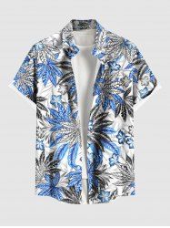 Plus Size Tropical Leaf Hibiscus Flowers Print Buttons Pocket Hawaii Shirt For Men -  
