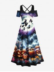 Plus Size Halloween Moon Pumpkin Maple Leaf Bat Cloud Print Cold Shoulder Crisscross Maxi Dress -  