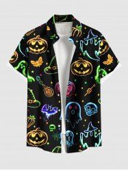 Plus Size Halloween Pumpkin Ghost Bat Butterfly Skulls Candy Star Print Buttons Pocket Shirt For Men -  