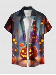Plus Size Halloween Pumpkin Castle Street Light Print Buttons Pocket Shirt For Men -  
