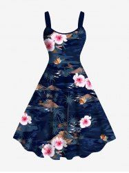 Robe débardeur hawaïenne grande taille à imprimé fleurs d'hibiscus et cocotiers - Bleu Marine M