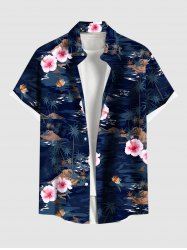 Plus Size Hibiscus Flowers Coconut Tree Print Buttons Pocket Hawaii Shirt For Men -  