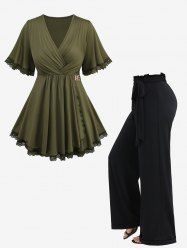 Lace Trim Surplice Asymmetrical T-shirt and Waist Ruffles Wide Leg Pants Plus Size Outfit -  