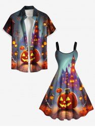 Tenue assortie grande taille pour couple, motif château citrouille et lampadaire d'Halloween - Orange 