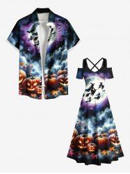 Halloween Moon Pumpkin Maple Leaf Bat Cloud Print Plus Size Matching Outfit For Couples -  