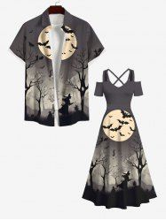 Costume d'Halloween chauve-souris, lune, arbre, wazird, imprimé grande taille, tenue assortie pour couples - Gris 