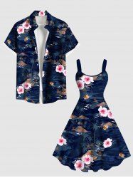 Hibiscus Flowers Coconut Tree Print Plus Size Matching Hawaii Beach Outfit For Couples -  