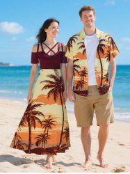 Tenue de plage hawaïenne assortie grande taille à imprimé cocotier et crépuscule pour couples - Jaune 