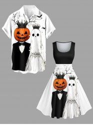 Tenue d'Halloween grande taille assortie pour couples, motif citrouille, fantôme, mariée, marié, couronne, chauve-souris, arbre - Noir 