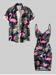 Tropical Leaf Hibiscus Flower Flamingo Print Plus Size Matching Hawaii Beach Outfit For Couples -  
