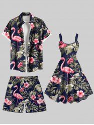 Tenue de plage hawaïenne assortie grande taille, motif feuilles tropicales, hibiscus, fleur, flamant rose, pour couples - Noir 