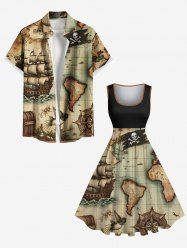 Distressed Skull Sailboat Map Steering Wheel Print Plus Size Matching Hawaii Beach Outfit For Couples -  