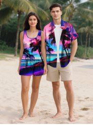 Matching Hawaii Shirt and Romper Plus Size Beach Outfit Coconut Tree Seascape Cloud Print for Couples -  
