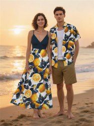 Lemon Leaf Print Plus Size Matching Hawaii Beach Outfit For Couples -  