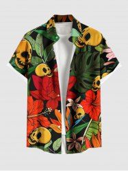 Plus Size Tropical Leaf Flower Skull Print Hawaii Button Pocket Shirt For Men -  
