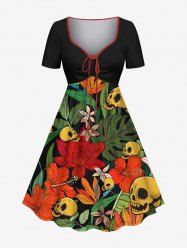 Robe trapèze cintrée grande taille à imprimé feuilles tropicales, fleurs et crânes, style hawaïen - Noir M