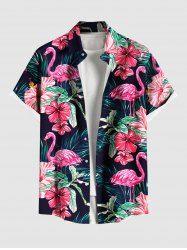 Plus Size Tropical Leaf Hibiscus Flower Flamingo Print Hawaii Button Pocket Shirt For Men -  