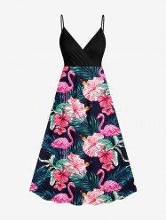 Plus Size Tropical Leaf Hibiscus Flower Flamingo Print Hawaii Surplice A Line Cami Dress -  