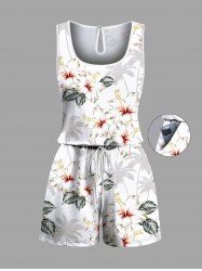 Plus Size Coconut Tree Hibiscus Flower Leaf Print Hawaii Drawstring Pocket Romper -  