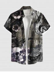 Plus Size Skull Flower Moon Music Symbol Print Ombre Button Pocket Shirt For Men -  