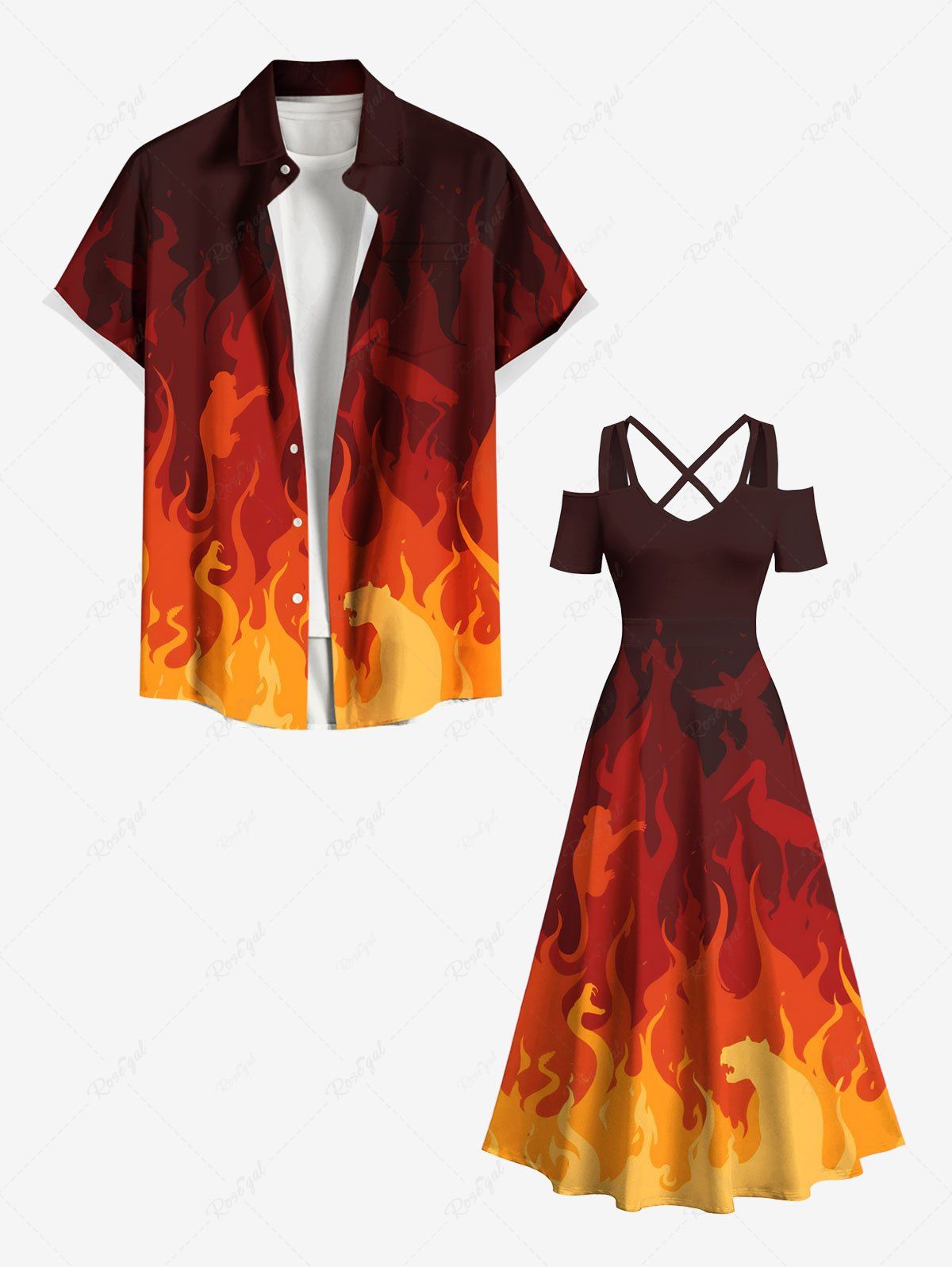Tenue assortie grande taille à imprimé flammes et feu ombré pour couples Rouge 