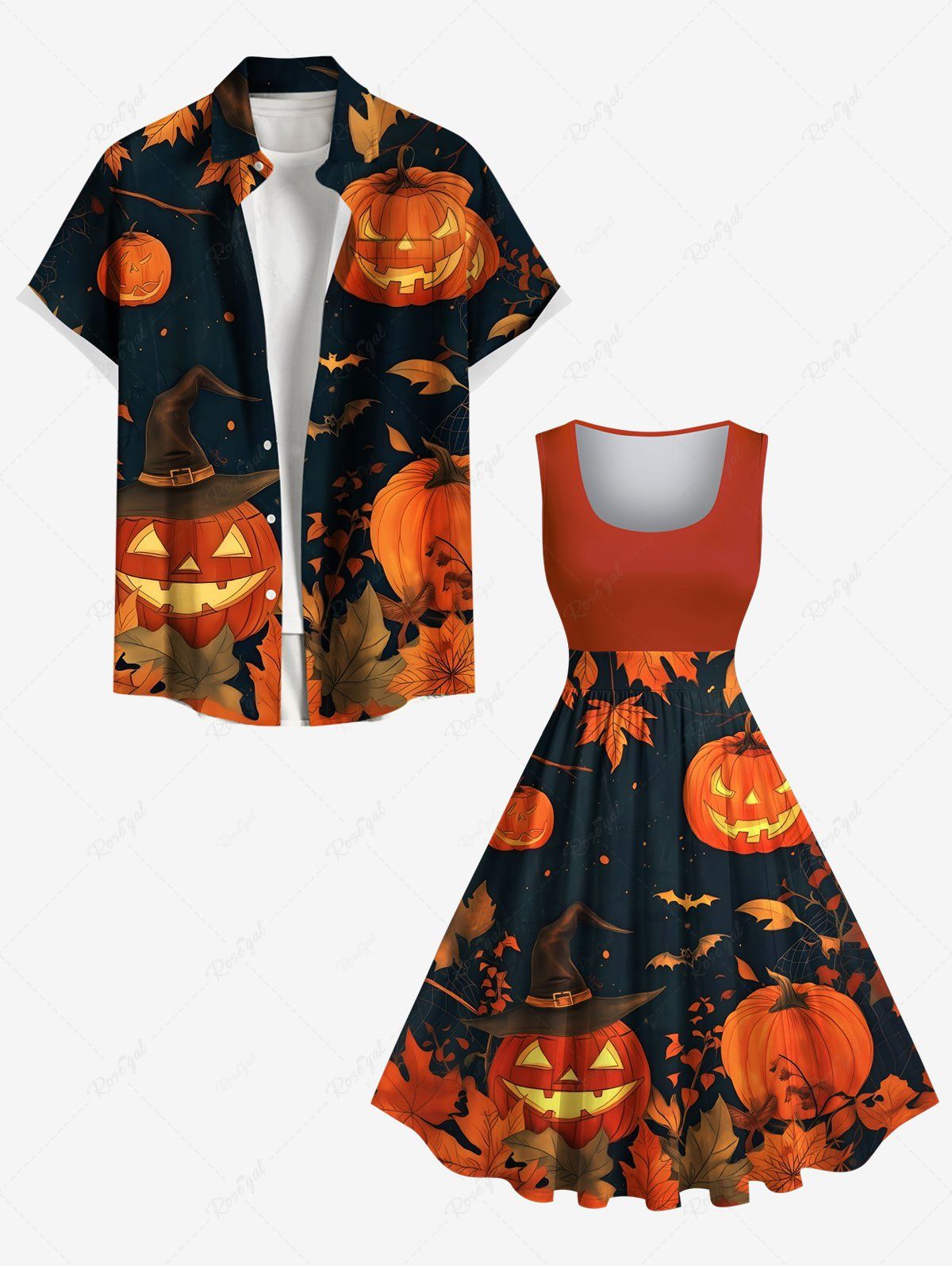 Buy Halloween Pumpkin Bat Leaf Print Plus Size Matching Outfit For Couples  