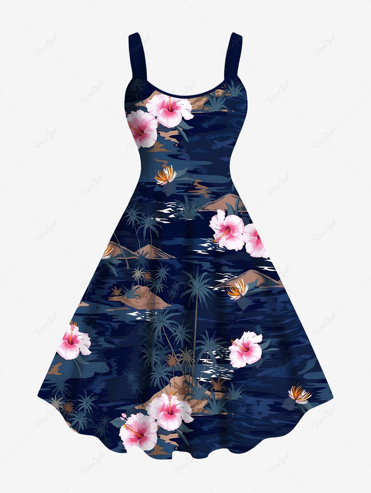 Robe débardeur hawaïenne grande taille à imprimé fleurs d'hibiscus et cocotiers Bleu Marine XXS