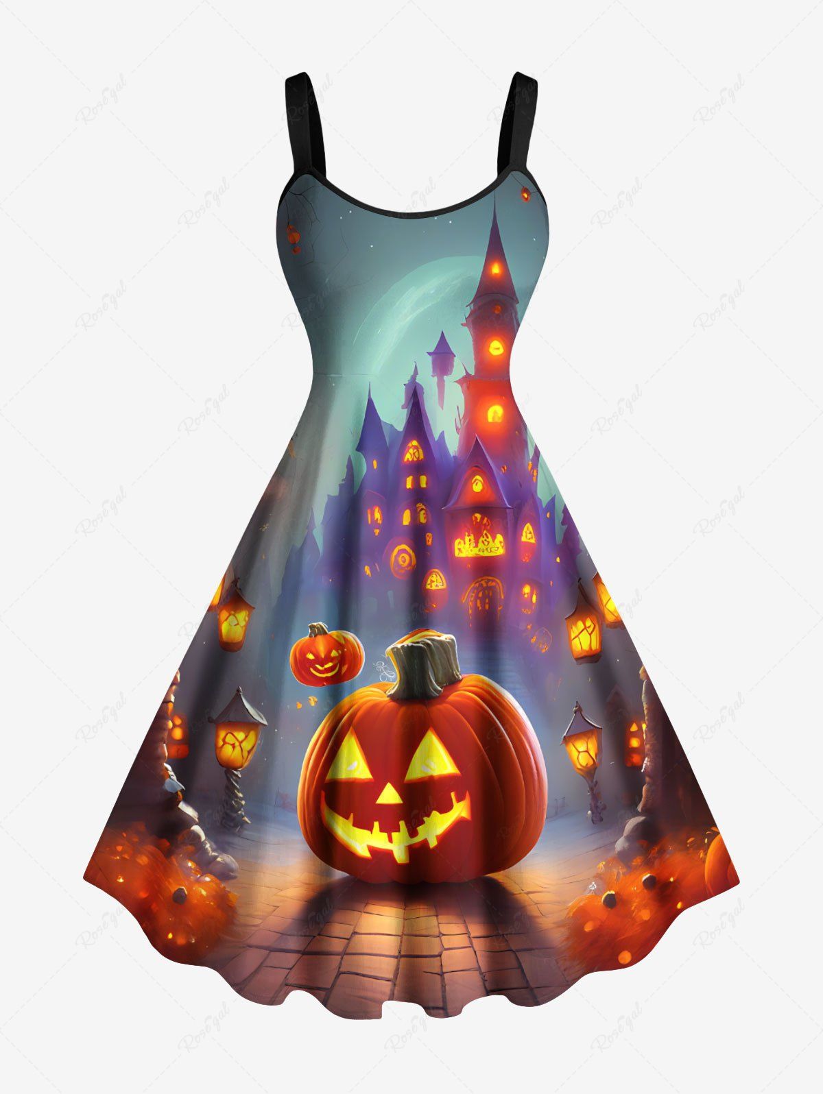 Fancy Plus Size Halloween Pumpkin Castle Street Light Print Tank Dress  