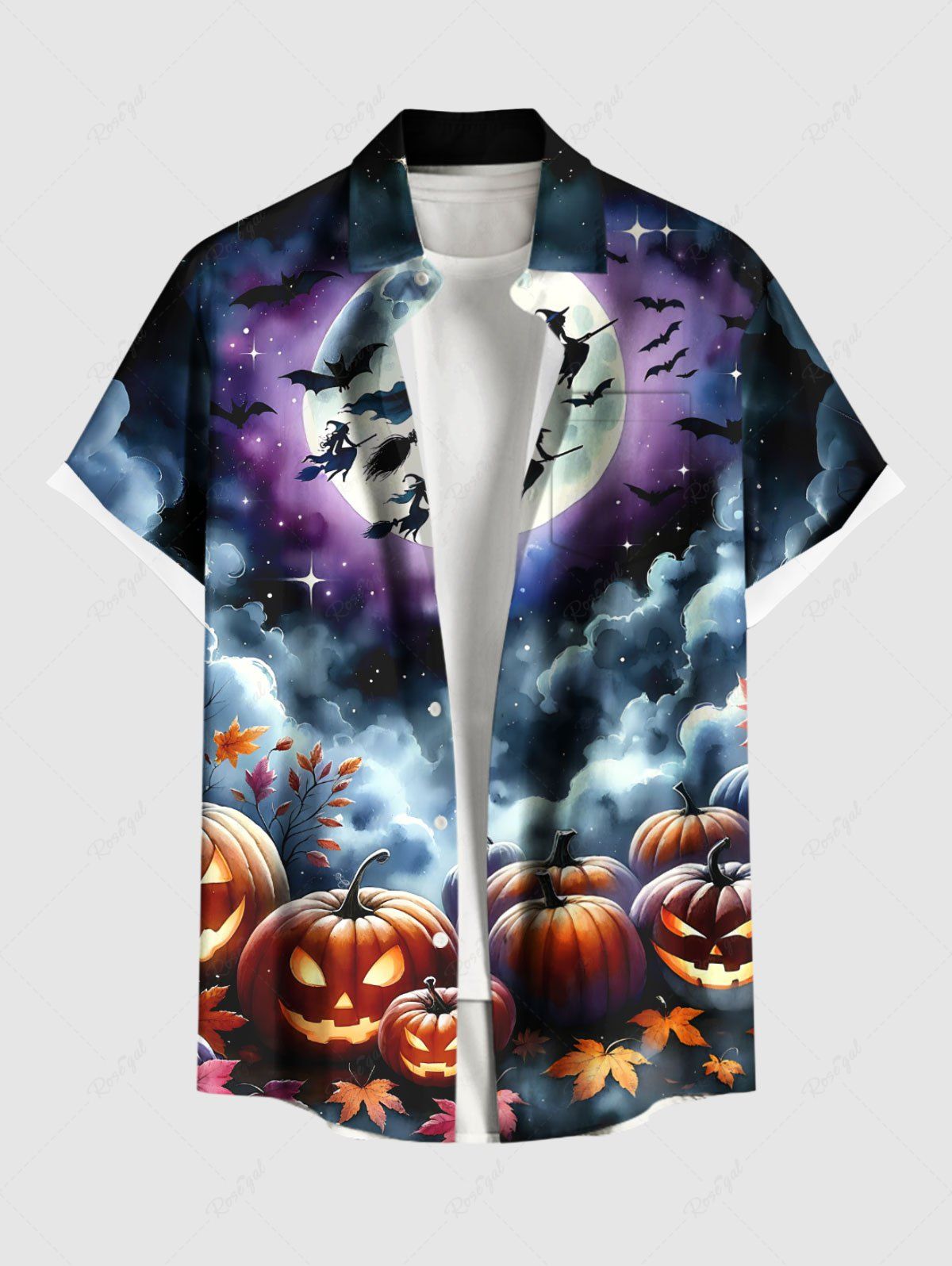 Chemise grande taille à boutons et poches pour homme, motif Halloween, lune, citrouille, feuille d'érable, chauve-souris, nuage Noir XL