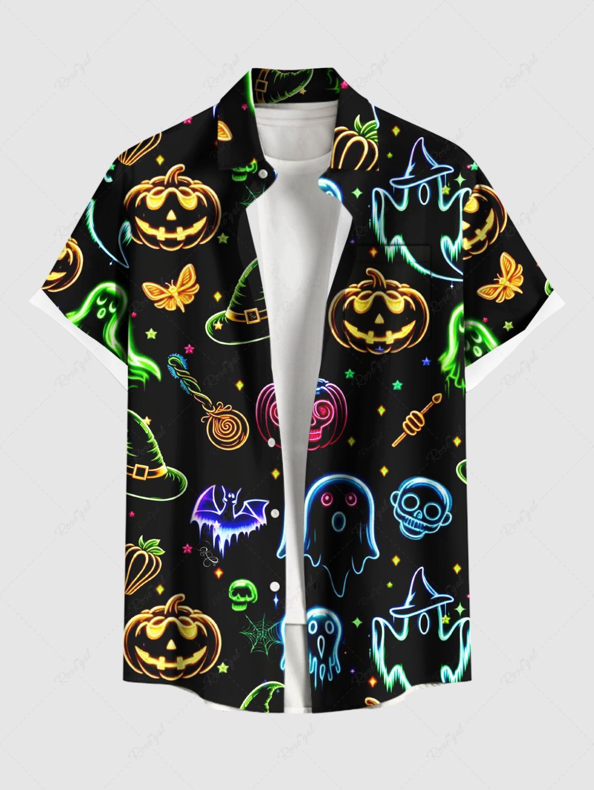 Chemise grande taille pour homme, motif citrouille, fantôme, chauve-souris, papillon, crânes, bonbons, étoiles, boutons et poches Noir 4XL