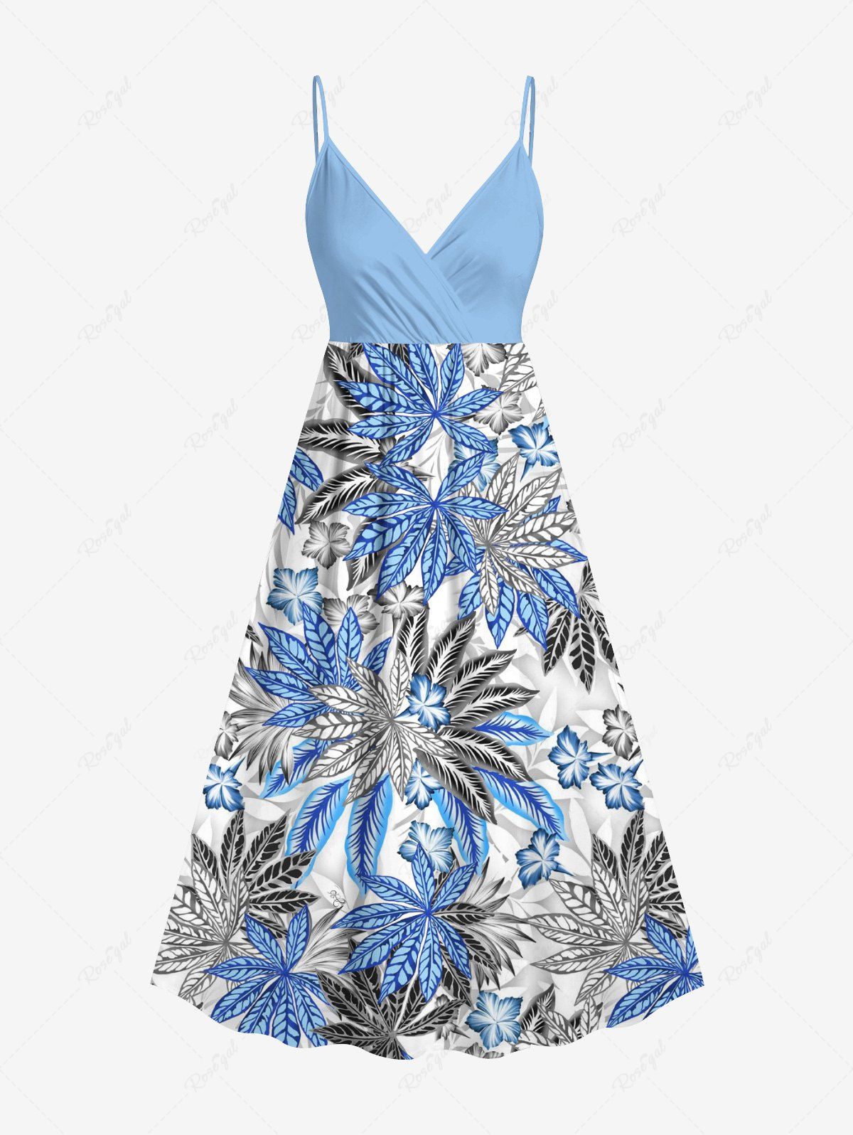 Robe camisole hawaïenne à imprimé feuilles tropicales et fleurs d'hibiscus grande taille Bleu Ciel XXS