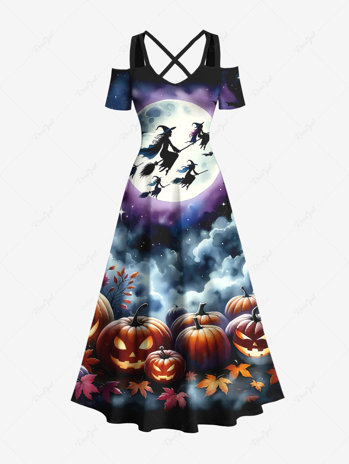 Store Plus Size Halloween Moon Pumpkin Maple Leaf Bat Cloud Print Cold Shoulder Crisscross Maxi Dress  