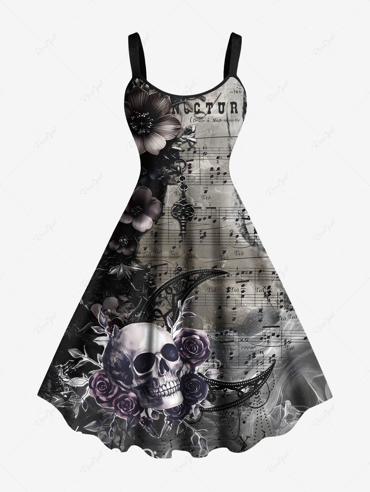 Robe débardeur trapèze grande taille à imprimé tête de mort, fleur, lune, symbole musical, dégradé Gris Foncé XXS