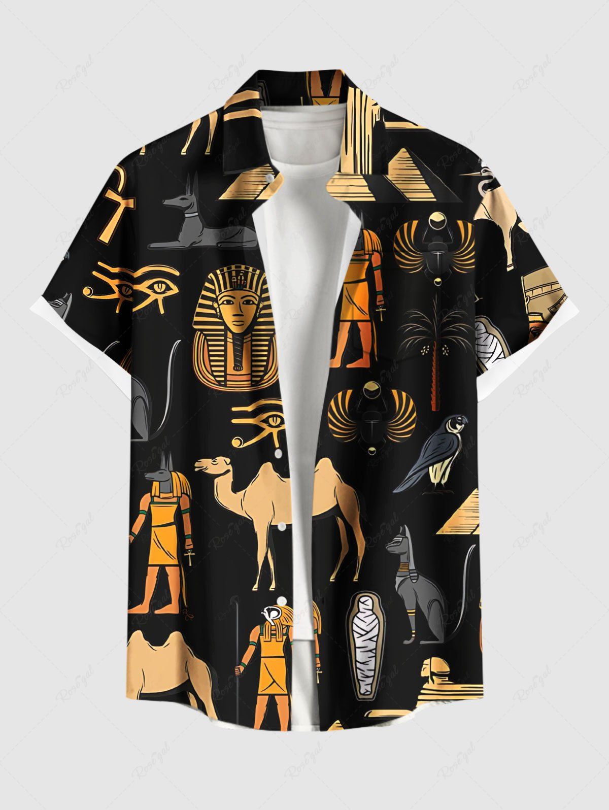 Chemise grande taille à imprimé pharaon, momie, pyramide, chameau, oiseau, boutonnée et poche pour homme Noir M